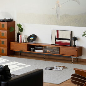 【全店舗3％＋P5倍】CAGUUU テレビ台 180cm 220cm ローボード テレビボード 天然木 ツゲ材 ガラス ステンレス脚 おしゃれ 収納 北欧 モダン ミッドセンチュリー ヴィンテージ 5本脚 頑丈 50型 60型 65型 大型 TV台 TVボード 薄型 奥行32cm コード収納 ブラウン