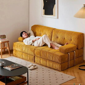 【全商品3％OFF】CAGUUU ソファ 3人掛け モジュール式 フロアソファ ソファベッド 北欧風 コーデュロイ 洗えるカバー リクライニング カウチソファ ロータイプ ふわふわクッション 組み合わせ自由 大型ソファ おしゃれ家具 マスタード トリプルタイプ