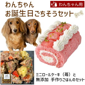 わんちゃんお誕生日ごちそうセット ミニロールケーキ（苺）と手作り 犬用ごはん 馬肉とさつま芋のジャーマンポテトのセット 送料無料