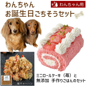 わんちゃんお誕生日ごちそうセット ミニロールケーキ（苺）と 無添加 手作り 犬用ごはん 鮭チャーハンのセット 送料無料(※一部地域除く)