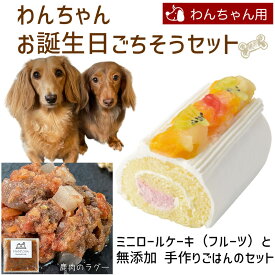 わんちゃんお誕生日ごちそうセット ミニロールケーキ（フルーツ）と 無添加 手作り 犬用ごはん 鹿肉のラグー（煮込み）のセット 送料無料(※一部地域除く)