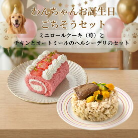 わんちゃんお誕生日ごちそうセット ミニロールケーキ（苺）とバランス・モグ1　チキンとオートミールのヘルシーデリのセット　ケーキとご飯のセット