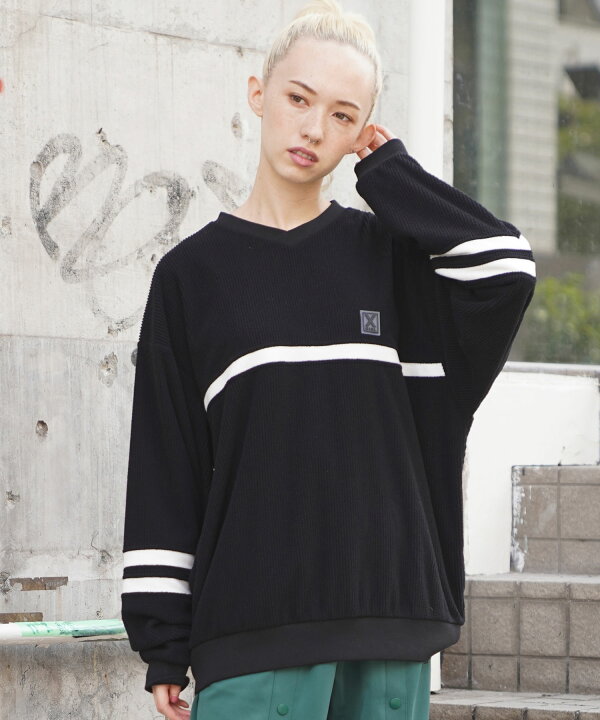 楽天市場 公式 X Girl エックスガール Contrast Line Rib Top フリース カットソー リブ オーバー Vネック 長袖 ロングスリーブ Xlarge X Girl公式calif楽天市場店