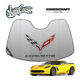 【West Coast Customs 正規品】専用設計 CoverCraft製 CORVETTE クロスフラッグ ロゴ入 サンシェード シルバー 吸盤不要 折りたたみ式 シボレー C7 コルベット クーペ/コンバーチブル カバークラフト ウエストコーストカスタムズ別注 ライセンス品