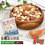 アメリカ産ピーナッツ入り5種ミックスナッツ 1kg ハイオレイックピーナッツ アーモンド 生くるみ カシュ…
