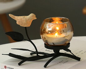 キャンドルスタンド 小鳥 リーフ 葉っぱ キャンドルホルダー アンティーク風 シャビーおしゃれ かわいい キャンドルスタンド LED 北欧 アイアンスタンド付き 琥珀 ガラス