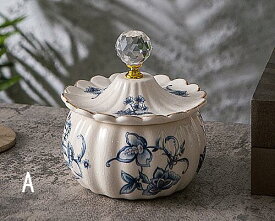 陶器 置物 オブジェ アクセサリーケース 小物入れ 蓋付き クリスタルガラス 青白 エレガント プレゼント ギフト