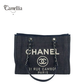 【中古】 CHANEL シャネル ドーヴィルMM キャンバス×レザー 2WAYトートバッグ ブルーデニム シルバー金具 23番台