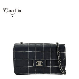 【中古】 CHANEL シャネル ステッチ チェーンショルダーバッグ カーフスキン ネイビー シルバー金具