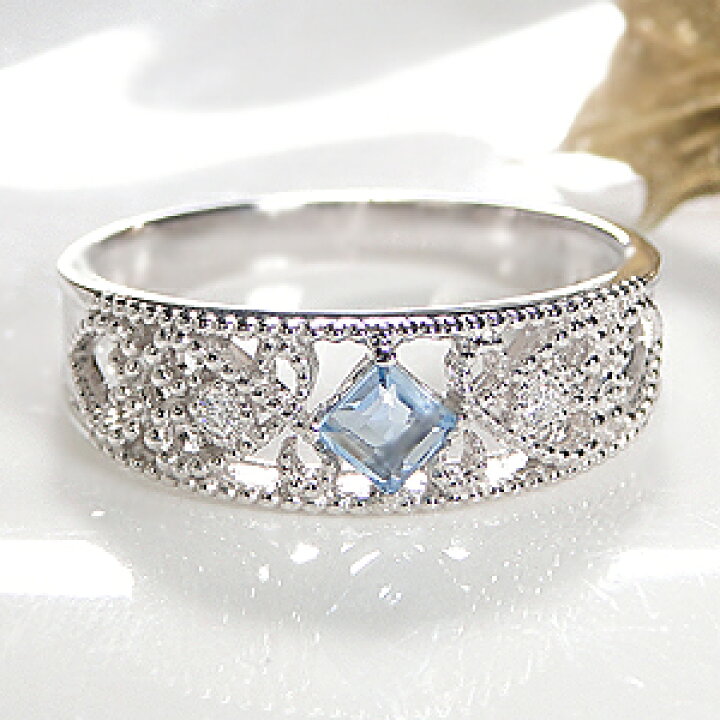 楽天市場】K18WG ミル打ち アクアマリン＆ダイヤモンド リング 【品質  