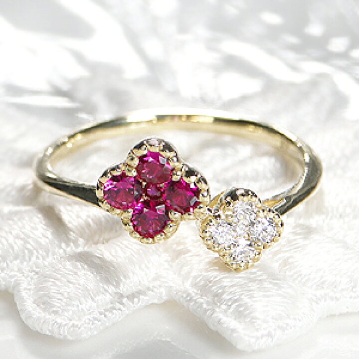 楽天市場】K18YG ルビー ＆ ダイヤモンド フラワーモチーフ リング指輪  