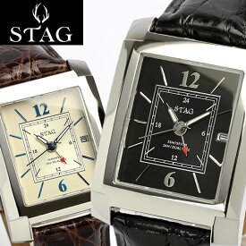 【送料無料】【STAG TYO】 スタッグ 腕時計 クロコダイル ワニ革 GMT スクエア型 日本製 レザー カレンダー デュアルタイム メイドインジャパン メンズ STG005 うでどけい MEN'S ウォッチ