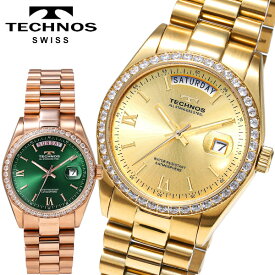TECHNOS テクノス 腕時計 メンズ 男性用 5気圧防水 メンズ腕時計 ウォッチ 3針 アナログ クォーツ カレンダー 日本製ムーブメント ゴールド ローズゴールド グリーン