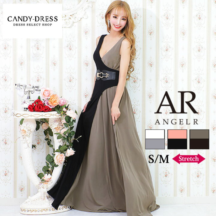 楽天市場 S M 送料無料 Angel R エンジェルアール ストレッチ無地 バイカラーカシュクール風ノースリーブフレアロングドレス ベルト付 Ar215 クラブ キャバ ラウンジ 銀座 背中 スリット 高級 ブランド ノースリーブ 演奏会 ステージ 衣装 シンプル 舞台 Angelr A