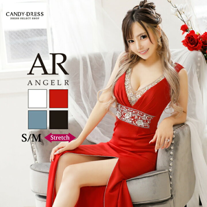 Angel Rストレッチビジューノースリーブタイトスリットロングドレス  