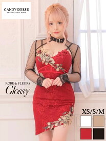 【美咲キララちゃんコラボ】XS/S/M 送料無料 ROBE de FLEURS Glossy / ローブドフルールグロッシー フラワー刺繍レースキャミスリーブ/チュール長袖2WAYタイトミニドレス GL2491 robedefleurs キャバドレス キャバ嬢 キャバクラ ブランド ワンピース 人気 インスタ