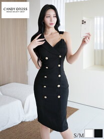 【予約】【Luxury Dress】 ダブルボタン/ ジャケット風/ アシンメトリー/ バックル/ ノースリーブ/ タイト/ ミディドレス/ ワンピース [HB250401] 韓国ドレス 韓国製 正規品 ミディアムドレス キャバドレス ナイトドレス 膝丈 膝下 シンプル ブラ着用可 クラブ