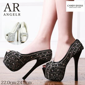 【再入荷】【15cmヒール】【22.0cm～24.5cm】 Angel R / エンジェルアール ラインストーンラメオープントゥハイヒールパンプス SH028 クリア ハイヒール サンダル キャバ キャバドレス キャバ嬢 キャバクラ クラブ ワンピース ※北海道・沖縄・離島地域追加送料1,500円