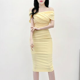 【予約】S/M/L 送料無料 Luxury Dress ストレッチ無地×フロントドレープクロスデザインオフショルダーシンプルタイトミディドレス TR230201 韓国製 正規品 膝丈 ミディ丈 ミモレ丈 ワンピース カラー ドレス キャバドレス ワンピ 銀座 クラブ キャバクラ パーティー 人気