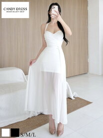 【Luxury Dress】ストレッチ/ シフォン/ ウエストベルト/ ホルターネック/ フレア/ 裾シアー/ ロングドレス [TR250502] 韓国ドレス 韓国製 正規品 ミディアムドレス カラー キャバドレス ナイトドレス 膝丈 膝下 袖無し チューブトップ ノースリーブ 白 黒