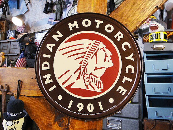アメリカ輸入品、インディアンモーターサイクル ビンテージ金属製看板 