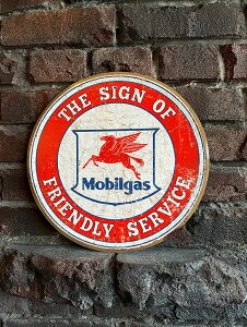 モービルガス ラウンド型 ブリキ看板 (Mobilgas FRIENDLY SERVICE) アメリカン雑貨 アメリカ雑貨 グッズ おしゃれ かっこいい ガレージ雑貨 ガレージング雑貨 ショップインテリア