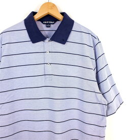 大きいサイズ メンズUS-Lサイズ 90's POLO GOLF Ralph Lauren 半袖鹿の子ポロシャツ 胸囲約119cm ブルー 細ボーダー ポロゴルフラルフローレン アメリカ古着 USED BIGサイズ sh-2426【中古】