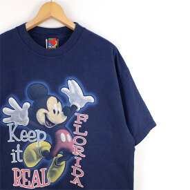 大きいサイズ メンズUS-XLサイズ 90's 00's ミッキーマウス クルーネック半袖プリントTシャツ FLORIDA ネイビー 胸囲約116cm ビンテージ DISNEY ディズニー キャラクター アメリカ古着 USED BIGサイズ t-2005n【中古】