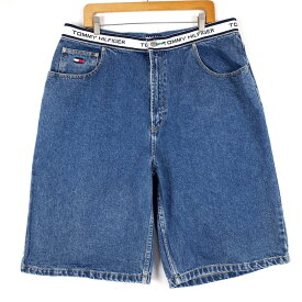 大きいサイズ メンズW38 90's トミージーンズ デニムショートパンツ ウエストロゴ入り ウエスト実寸約98cm TOMMY JEANS トミーヒルフィガー ビンテージ ショーツ ハーパン ハーフパンツ カジュアル アメリカ古着 USED あす楽対応 pt-1014【中古】