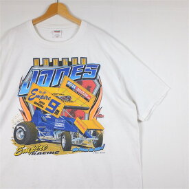 大きいサイズ メンズUS-3XLサイズ 00's anvil レーシングカー 半袖両面プリントTシャツ クルーネック ホワイト MARLON JONES EMPIRE RACING 胸囲約126cm ビンテージ モータースポーツ アメリカ古着 USED BIGサイズ t-2228n【中古】