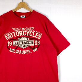 大きいサイズ メンズUS-2XLサイズ ハーレーダビッドソン 半袖両面プリントTシャツ MILWAUKEE,WI レッド 赤 胸囲約129cm バー＆シールド オフィシャル HARLEY DAVIDSON ビンテージ バイカー アメリカ古着 USED BIGサイズ t-2364n【中古】