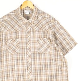 大きいサイズ メンズUS-2XLサイズ ラングラー Wrangler ランチャーシャツ MTW1240 半袖ウエスタンシャツ WRANCHER SHIRT カジュアルシャツ 胸囲約144cm チェック柄 ライトベージュ系 tn-1724n アメカジ BIGサイズ 古着 【中古】