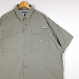 大きいサイズ メンズUS-XXLサイズ 00's コロンビア PFG 半袖フィッシングシャツ コットン カーキグリーン 胸囲約148cm アウトドア Columbia ビンテージ アメリカ古着 USED BIGサイズ sh-4046n【中古】