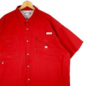 大きいサイズ メンズUS-XXLサイズ 00's コロンビア PFG 半袖フィッシングシャツ コットン レッド系 胸囲約151cm アウトドア Columbia ビンテージ アメリカ古着 USED BIGサイズ sh-4047n【中古】