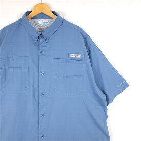 大きいサイズ メンズUS-XXLサイズ コロンビア PFG 半袖フィッシングシャツ ボタンダウン リップストップ ブルーグレー系 胸囲約142cm OMNI-SHADE アウトドア Columbia ビンテージ アメリカ古着 USED BIGサイズ sh-4051n【中古】