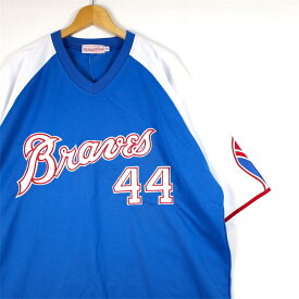 新品未使用品 大きいサイズ メンズUS-4XLサイズ USA製 Mitchell&Ness 半袖ベースボールシャツ プルオーバー MLB ATLANTA BRAVES ワッペン ブルー 胸囲約141cm メジャーリーグ ユニフォーム オフィシャル アメリカ古着 USED sh-4098【中古】