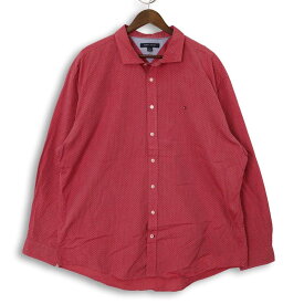 大きいサイズ メンズ3XL トミーヒルフィガー TOMMY HILFIGER 長袖シャツ 100'S 2PLY 小紋柄プリント 実寸胸囲142cm レッド系 sc-0758 【アメカジ】【古着】【中古】