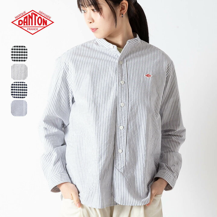 DANTON 25年製 バンドカラーシャツ チェック ネイビー ダントン 長袖