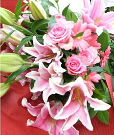 お祝い ギフト 花束 プレゼント ピンクユリ・バラ・ガーベラの華やか花束 Lサイズ 長寿祝い 誕生日 開店
