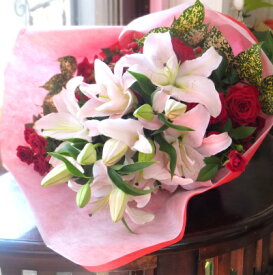 花束 プレゼント ユリとバラの豪華花束 歓送迎会 記念日 長寿御祝 開店 開業 プレゼント
