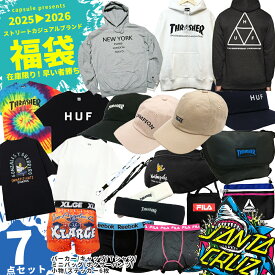 福袋 メンズ 2025 2026 新春福袋 ストリート スケーター カジュアル ブランド 7点入り アパレル 服 SANTA CRUZ VANS THRASHER HUF XLARGE Champion Reebok FRUIT OF THE LOOM パーカー キャップ Tシャツ ミニバッグ 小物 ボクサーパンツ ステッカー 私服