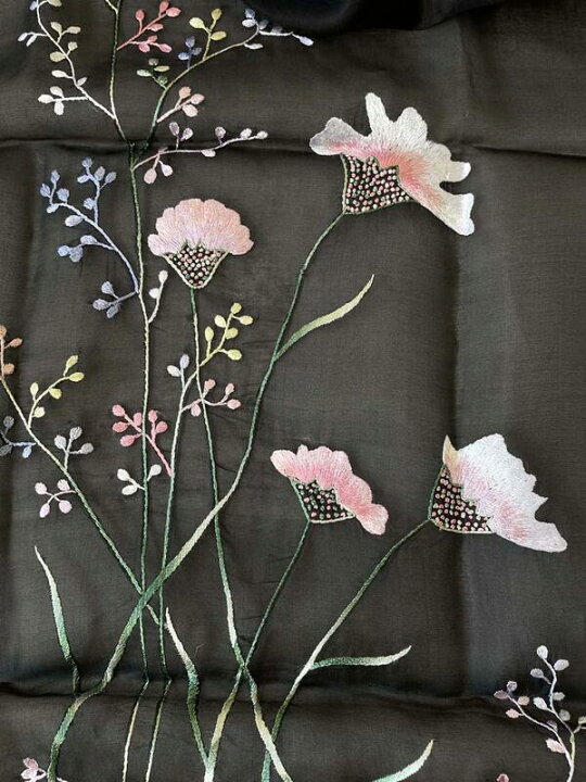楽天市場】シルクオーガンジー手刺繍ショール ブラック 花 刺繍 