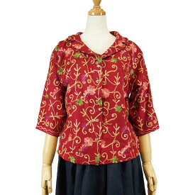 カシミール刺繍のブラウス 濃い赤 М きゃらファッションオリジナル 送料無料