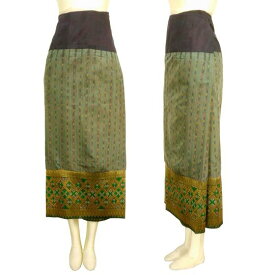 ラオス 浮き織り シルク 「シン」筒スカート オールド 古布 グリーン系