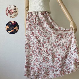 スカート　花柄シルクプリント ロング丈 フレア 絹100% きゃらファッションオリジナル 送料無料