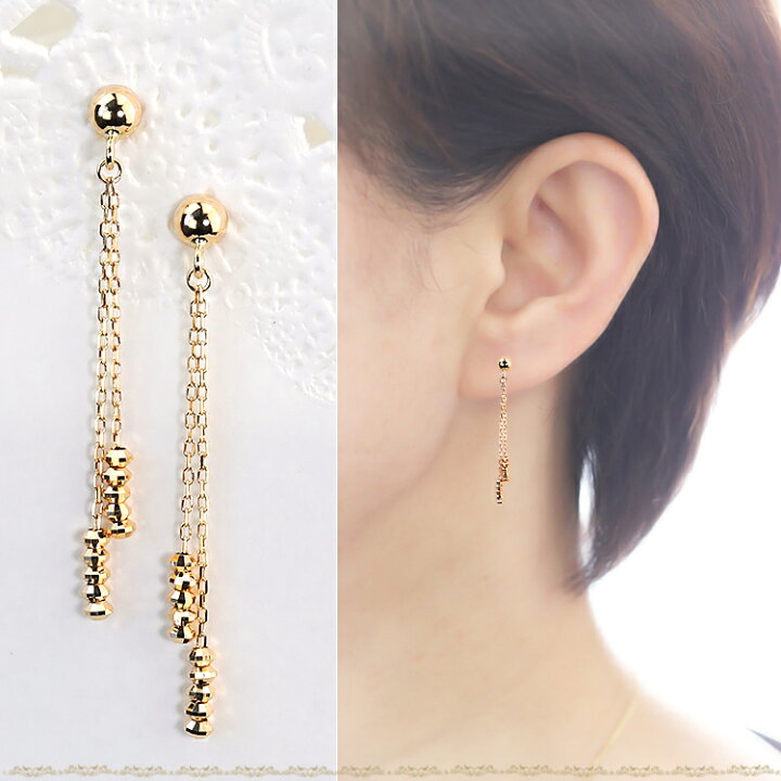 楽天市場】K18PG揺れるダブルチェーン＆ミラーカットピアス(18金、18k 