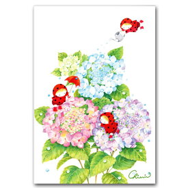朝岡千恵三・水彩イラストポストカード「あじさいとてんとう虫」