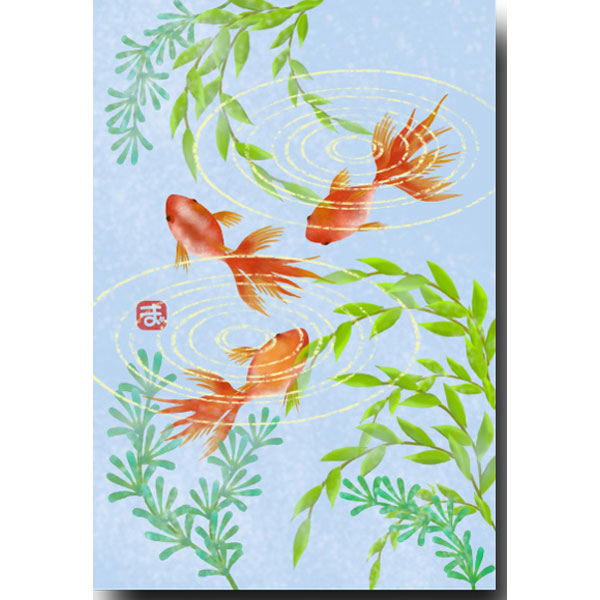 デジタル貼り絵・和風ポストカード「金魚」
