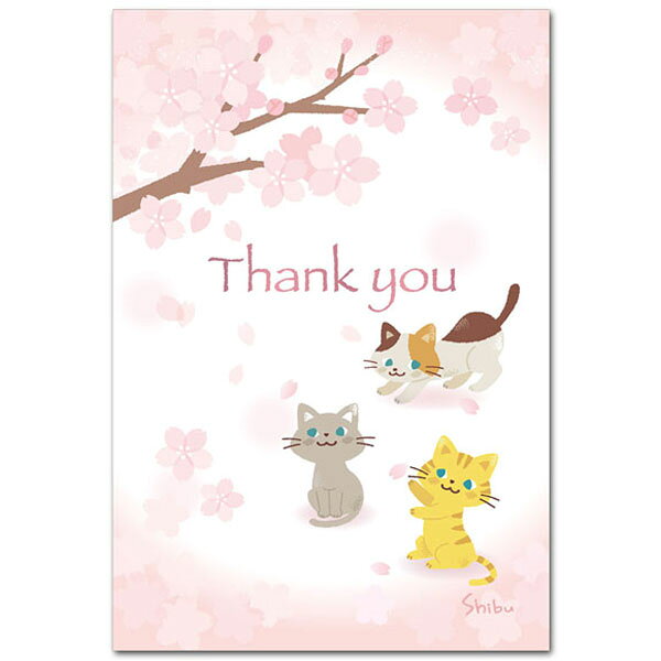 かわいいポストカード「桜と猫・Thank you」春の絵はがき
