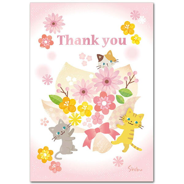 かわいいポストカード「猫花束・Thank you」猫絵葉書